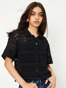 max Girls Self Designed Spread Collar Pure Cotton Casual Shirt