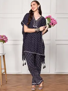 Ishin Embellished Bandhani Printed Kaftan Top with Hand Tassels Paired With Trouser