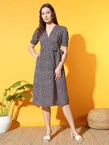 Slenor Floral Print V-Neck Puff Sleeves Georgette Fit & Flare Midi Dress