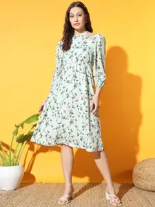 Slenor Floral Print Cuffed Sleeves Crepe A-Line Midi Dress