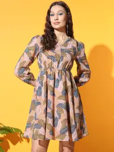 Slenor Floral Print V-Neck Cuffed Sleeves Georgette Pleated  Fit & Flare Dress