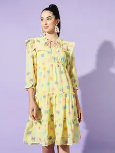 Slenor Floral Print Tie-Up Neck Georgette A-Line Dress