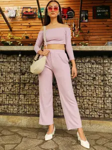 PINACOLADA Ribbed Off Shoulder Crop Top With Trousers Co-Ords