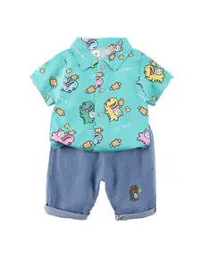 StyleCast x Revolte Boys Green & Blue Printed Shirt Collar Shirt with Shorts
