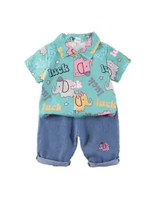 StyleCast x Revolte Boys Green & Blue Printed Shirt Collar Shirt with Shorts