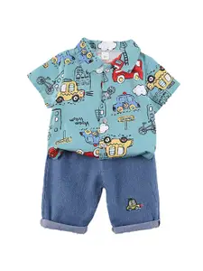 StyleCast x Revolte Boys Green & Blue Printed Shirt Collar Shirt with Shorts