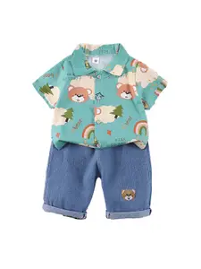 StyleCast x Revolte Boys Green & Blue Printed Shirt with Shorts