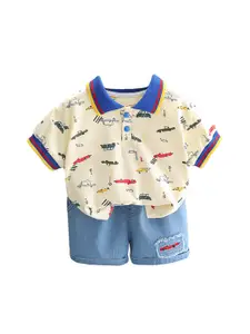StyleCast x Revolte Boys Yellow & Blue Polo Collar Printed T-shirt with Shorts