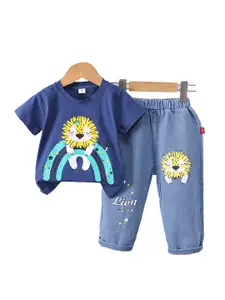 StyleCast x Revolte Boys Blue & Yellow Printed T-shirt with Trousers
