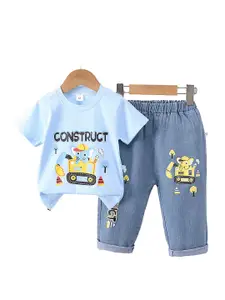 StyleCast x Revolte Boys Blue & Yellow Printed Round Neck T-shirt with Trousers