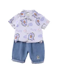 StyleCast x Revolte Boys Purple & Blue Printed Shirt Collar Shirt with Shorts