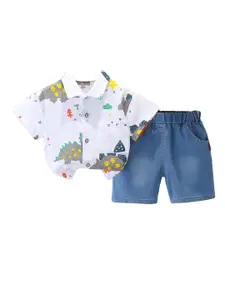 StyleCast x Revolte Boys White & Blue Printed Shirt Collar Shirt with Shorts