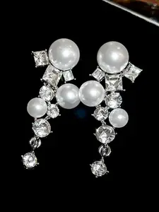 Peora Contemporary Silver Plated Cubic Zirconia & Pearl Drop Earrings
