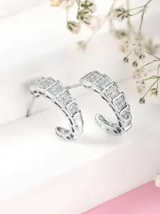 Peora Silver-Plated Cubic Zirconia Studded Contemporary Half Hoop Earrings