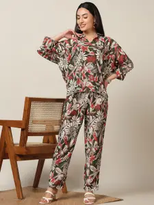 FASHION DREAM Floral Printed Shirt Collar Top With Trousers