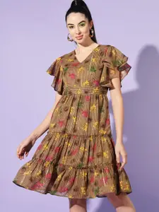 Slenor Floral Print V-Neck Flutter Sleeve Layered Georgette Fit & Flare Dress