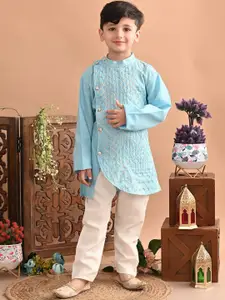 Superminis Boys Embroidered Angrakha Thread Work Pure Cotton Kurta with Pyjamas