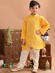 Superminis Boys Embroidered Angrakha Thread Work Pure Cotton Kurta with Pyjamas