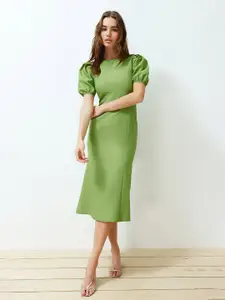 Trendyol Puff Sleeve Boat Neck A-Line Midi Dress