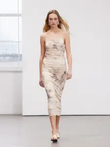 Trendyol Abstract Print Ruched Sheath Midi Dress