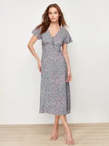 Trendyol Floral Print Flutter Sleeve A-Line Midi Dress