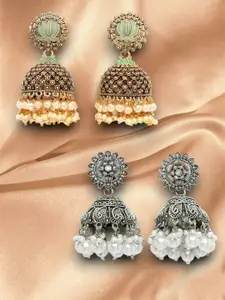 ADIVA Set Of 2 Gold & Silver-Plated Beaded Dome Shaped Jhumkas