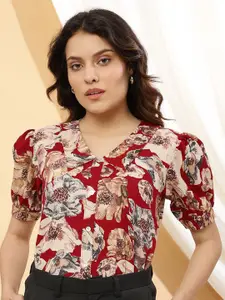 Sringam Floral Printed V-Neck Puff Sleeve Cotton Top