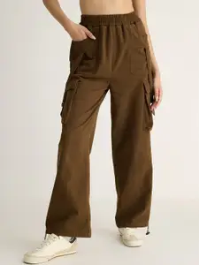 FREAKINS Women Khaki Straight Fit High-Rise Clean Look Cargo Style Cotton Jeans