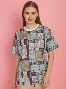 MACK JONNEY Women Geometric Printed Drop-Shoulder Sleeves Oversized Cotton T-shirt