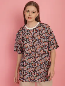 MACK JONNEY Women Geometric Printed Drop-Shoulder Sleeves Oversized Cotton T-shirt