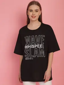 MACK JONNEY Women Typography Printed Drop-Shoulder Sleeves Oversized Cotton T-shirt