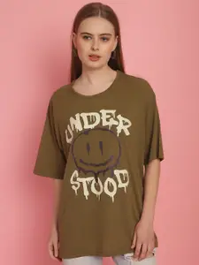 MACK JONNEY Women Typography Printed Drop-Shoulder Sleeves Oversized T-shirt