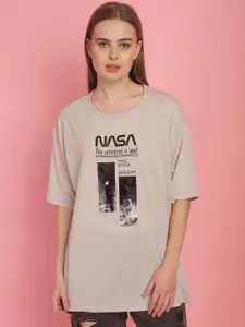 MACK JONNEY Women Typography Printed Drop-Shoulder Sleeves Oversized T-shirt