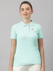 Beverly Hills Polo Club Women Polo Collar Pure Cotton Applique Casual T-shirt