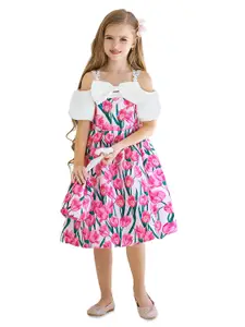 StyleCast x Revolte Girls Floral Printed Cold-Shoulder Sleeves Bow Fit & Flare Midi Dress