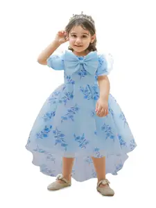 StyleCast x Revolte Blue Girls Floral Printed Puff Sleeves Bow Fit & Flare Midi Dress