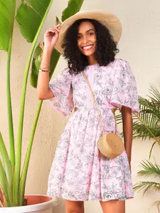 SASSAFRAS Floral Print Flared Sleeve Cut Out Georgette Fit & Flare Dress