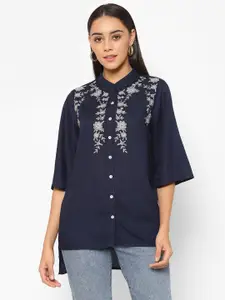HOUSE OF KKARMA Floral Embroidered Mandarin Collar Shirt Style Top