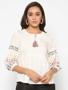 HOUSE OF KKARMA Tie Up Neck Puff Sleeve Embroidered Pure Cotton Peplum Top
