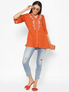 HOUSE OF KKARMA V-Neck Floral Embroidered Shirt Style Top