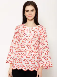 HOUSE OF KKARMA Floral Print Tie-Up Neck Flared Sleeve Cotton Peplum Top