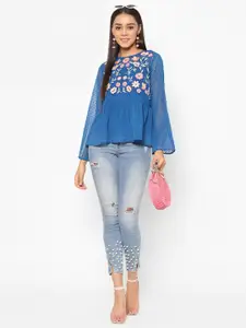 HOUSE OF KKARMA Floral Embroidered Flared Sleeve A-Line Top