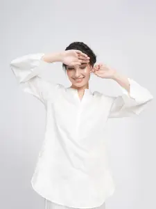 Saltpetre Mandarin Collar Bell Sleeve Linen Shirt Style Top