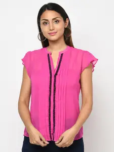 Purple State Mandarin Collar Flutter Sleeve Georgette Top