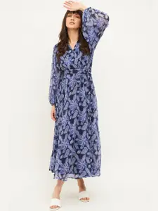 ODETTE Floral Print V-Neck Puff Sleeve Maxi Dress