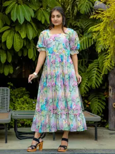 ODETTE Floral Print Square Neck Puff Sleeves Georgette Maxi Dress