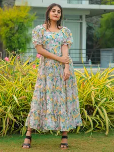 ODETTE Floral Print Georgette Square Neck Puff Sleeves Maxi Fit & Flare Dress