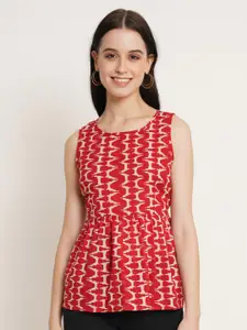 KALINI Geometric Printed Round Neck Cotton Cinched Waist Top