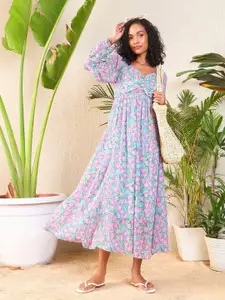 SASSAFRAS Floral Printed Sweetheart Neck Smocked Georgette Fit & Flare Maxi Dress