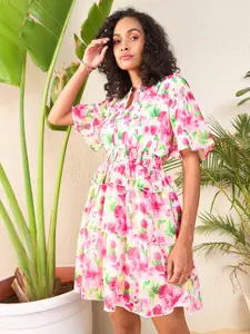SASSAFRAS Floral Printed Flared Sleeve Layered Georgette Fit & Flare Dress
